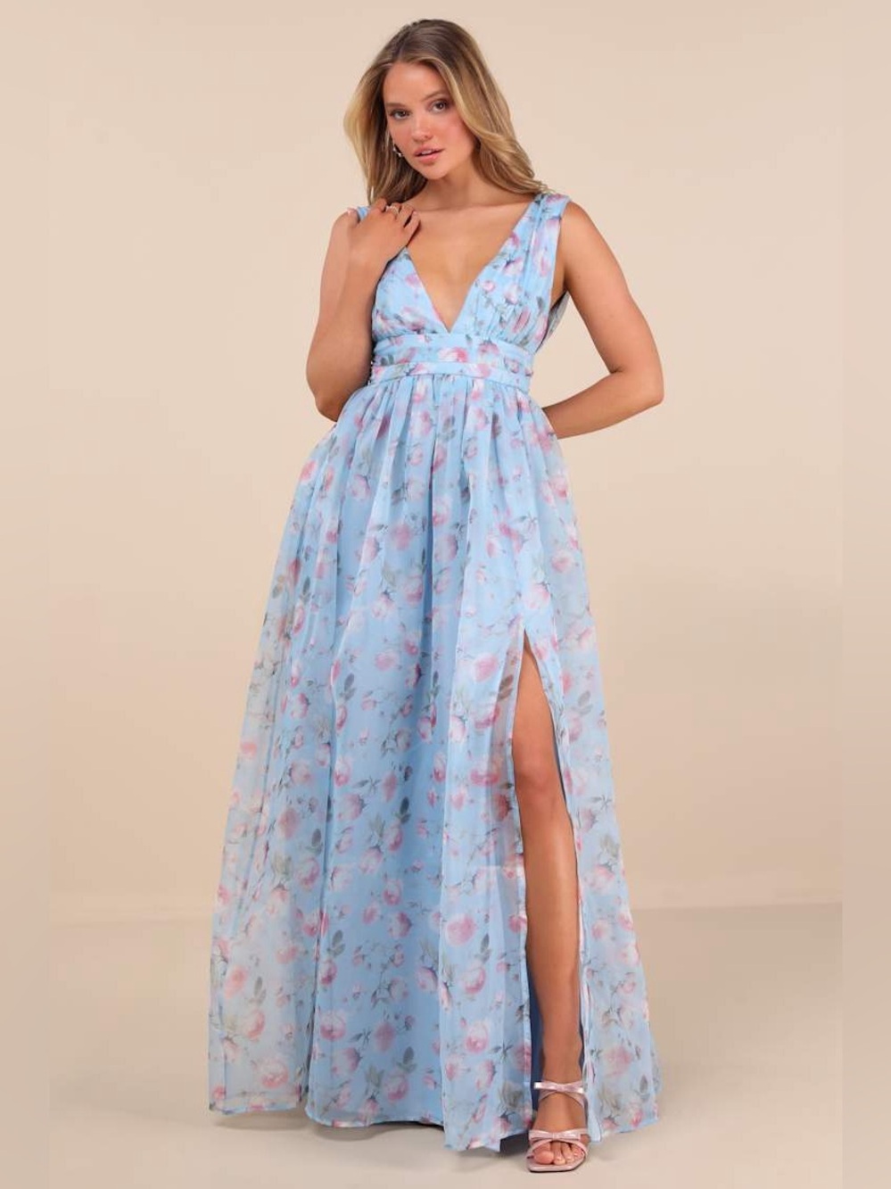 NWT Lulus | Garden Romance Light Blue Floral Print Organza Maxi Dress, XL